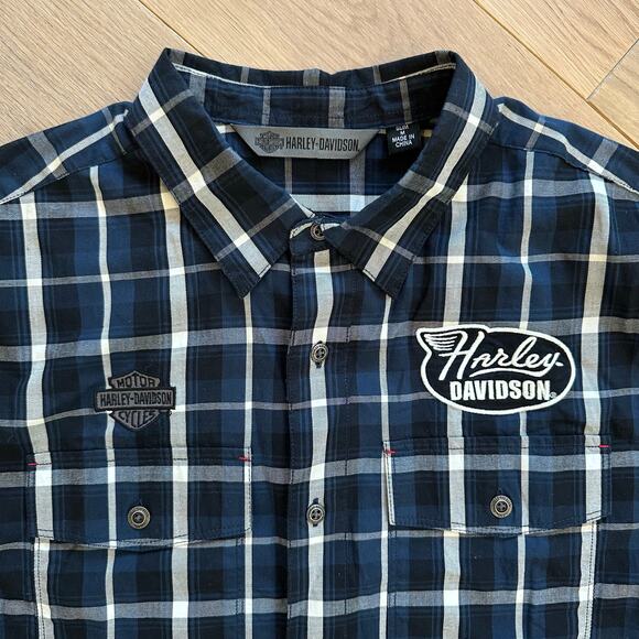 Harley-Davidson Multi-Patch Blue Plaid Button Down Shirt Men’s Slim Medium - Picture 3 of 6